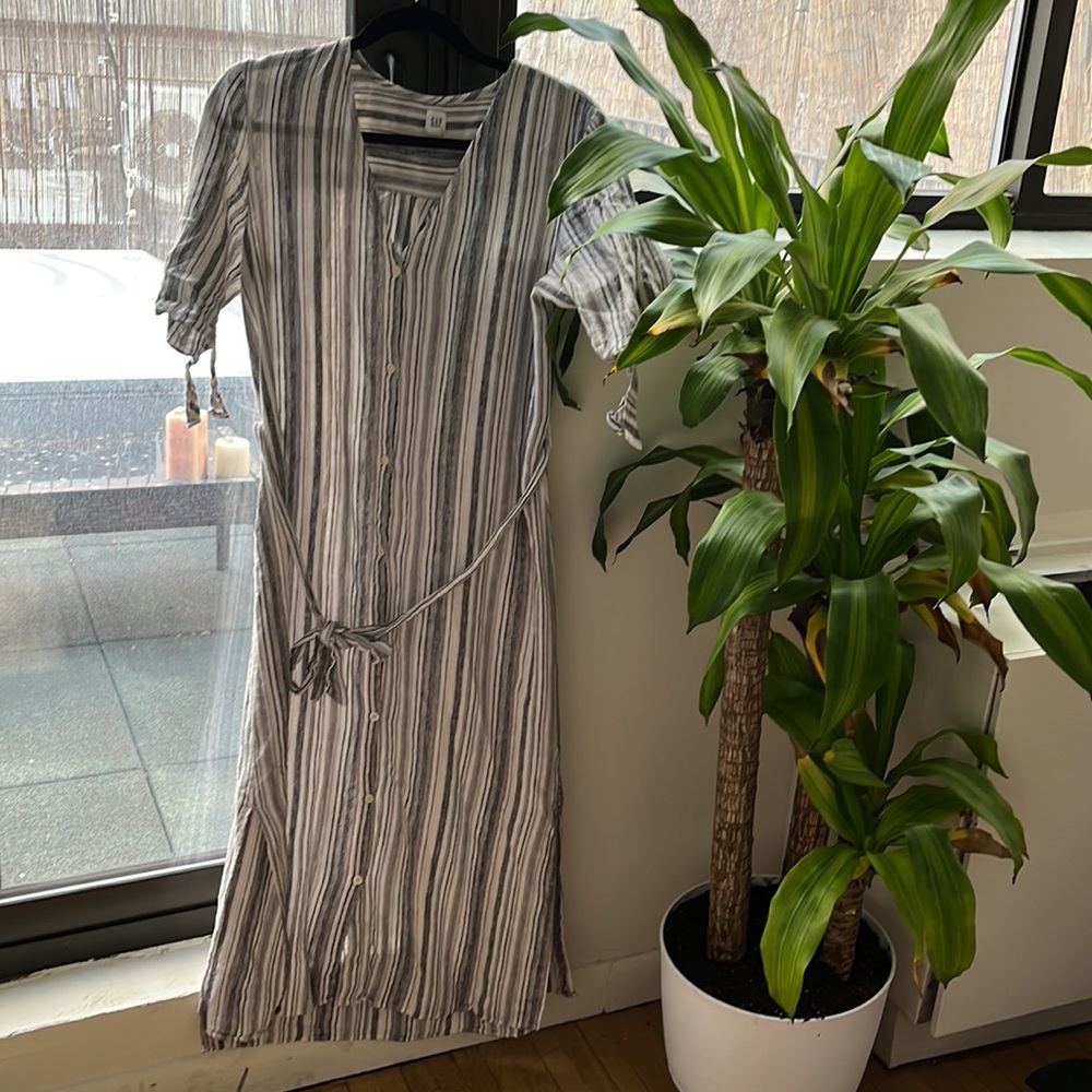 GAP Linen Blue White Stripe Shirt Dress | Coastal Chic Summer Dress | Size Small